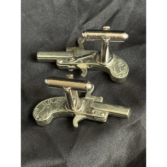 Antique Austrian Pistol Cufflinks Etched Design Deer & Rabbit - Picture 5 of 12